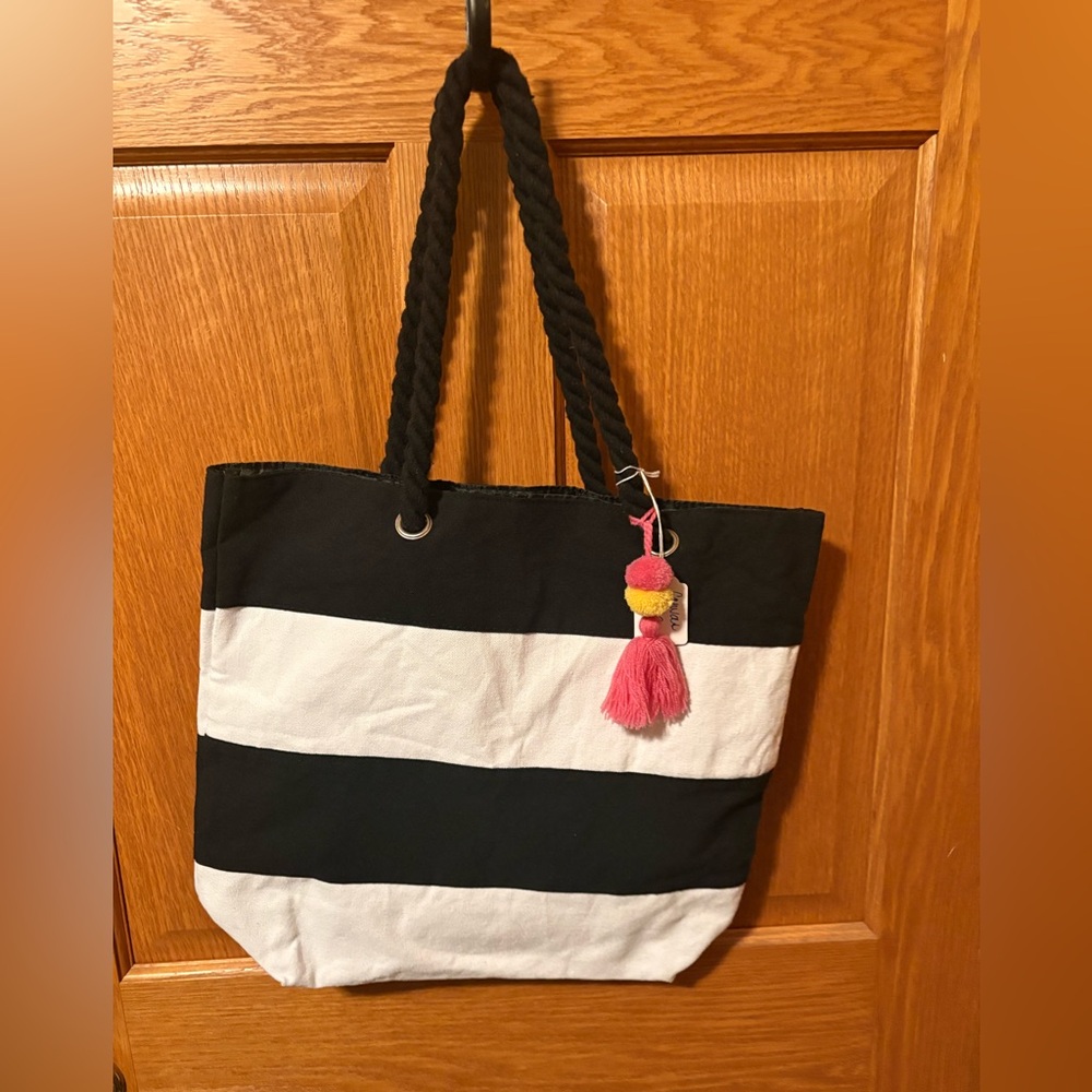 Black and White Striped Tote Bag with Pink Tassel